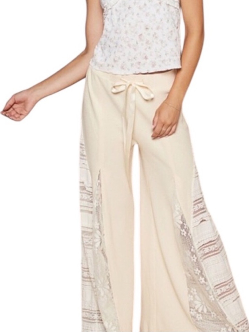 POL Lace Contrast Adjustable Wide Leg Pants Lace Panels Sexy Comfortable